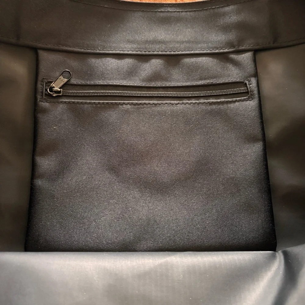NWOT St. John Large Branded Black Satin Tote with White Floral Appliqué